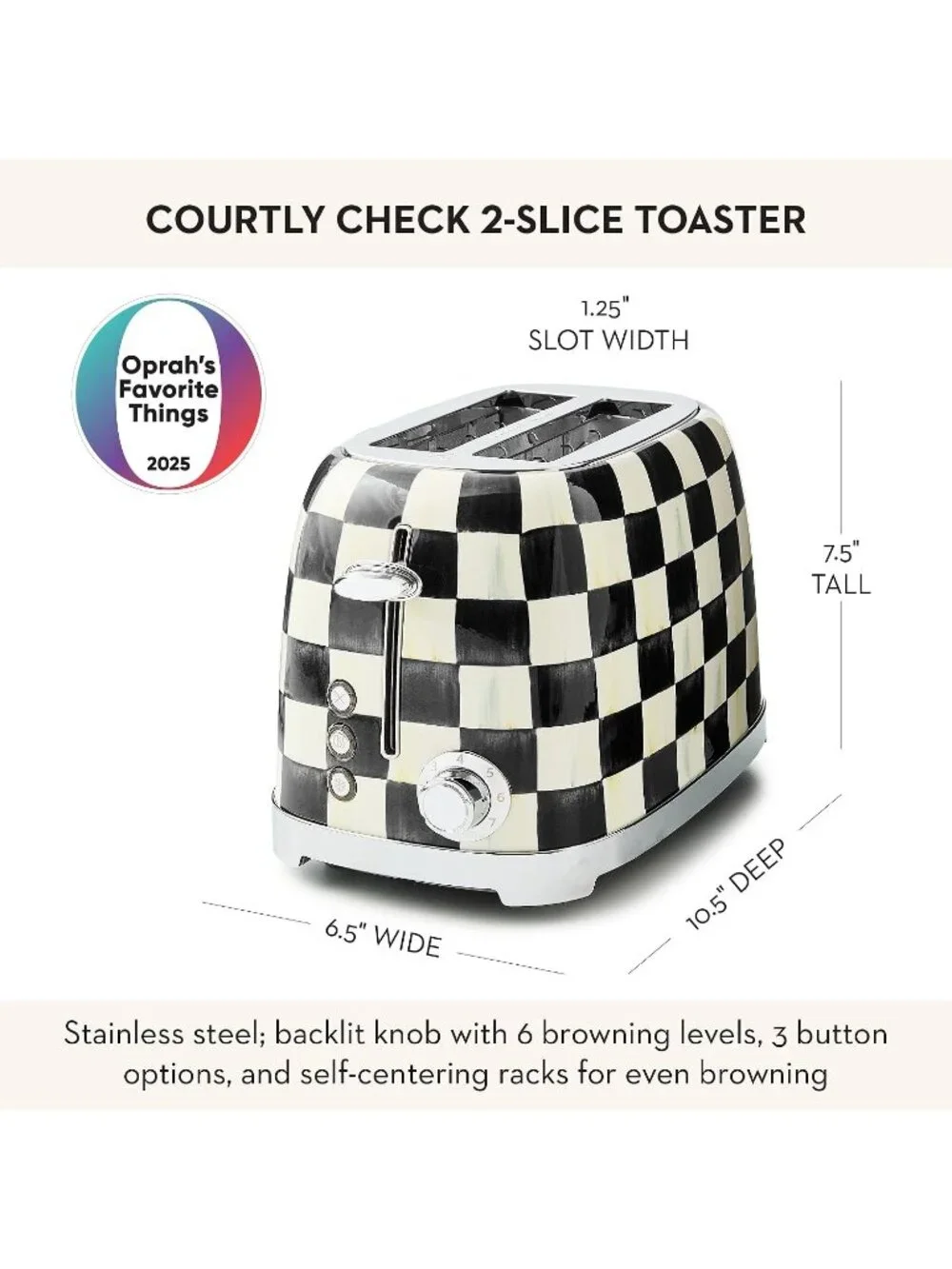 2-Slice Black-and-White Courtly Check Stainless Steel Decorative Bread Toaster
